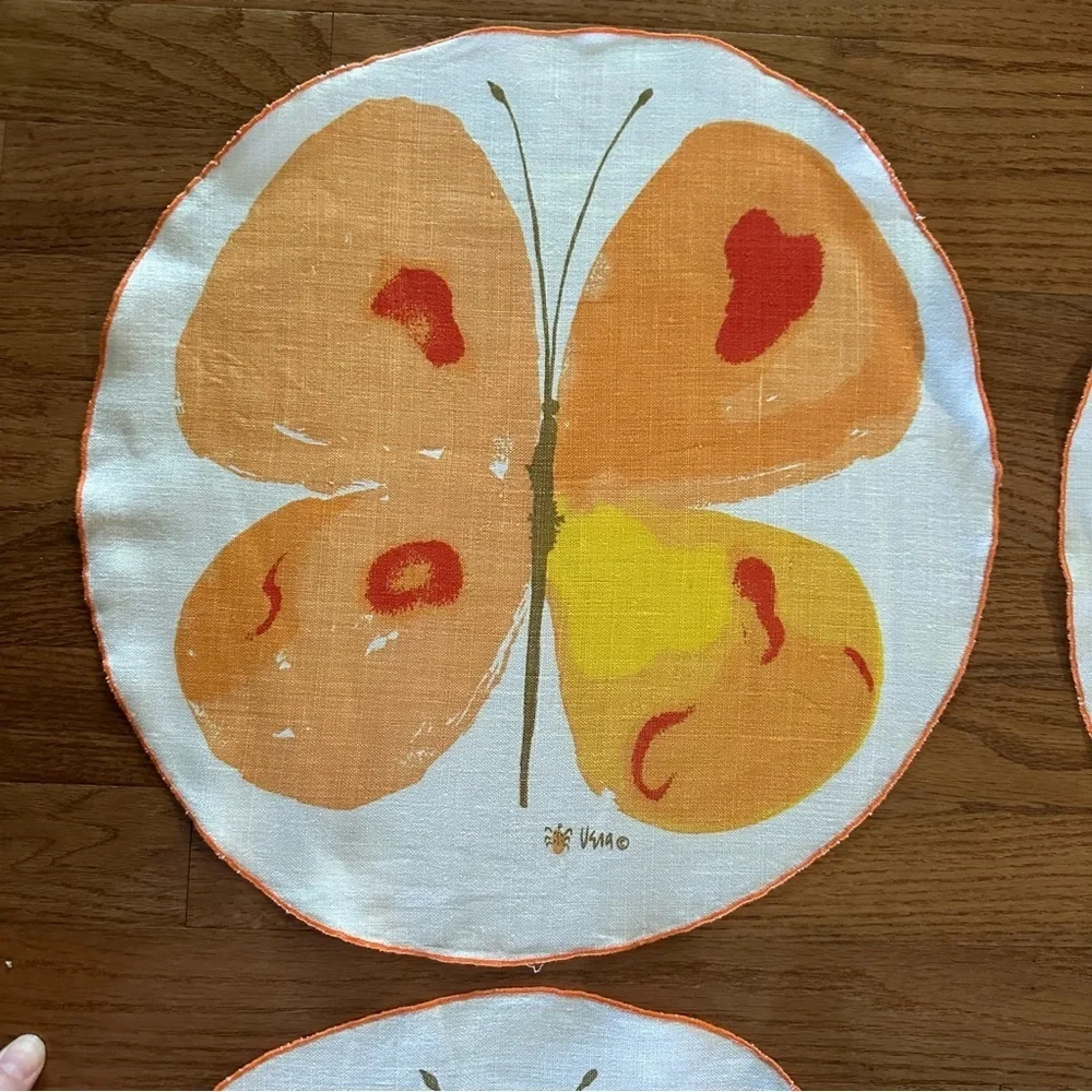Set of 8 Vintage Vera Neumann Placemats Butterfly MCM Signed Retro Orange Cottag